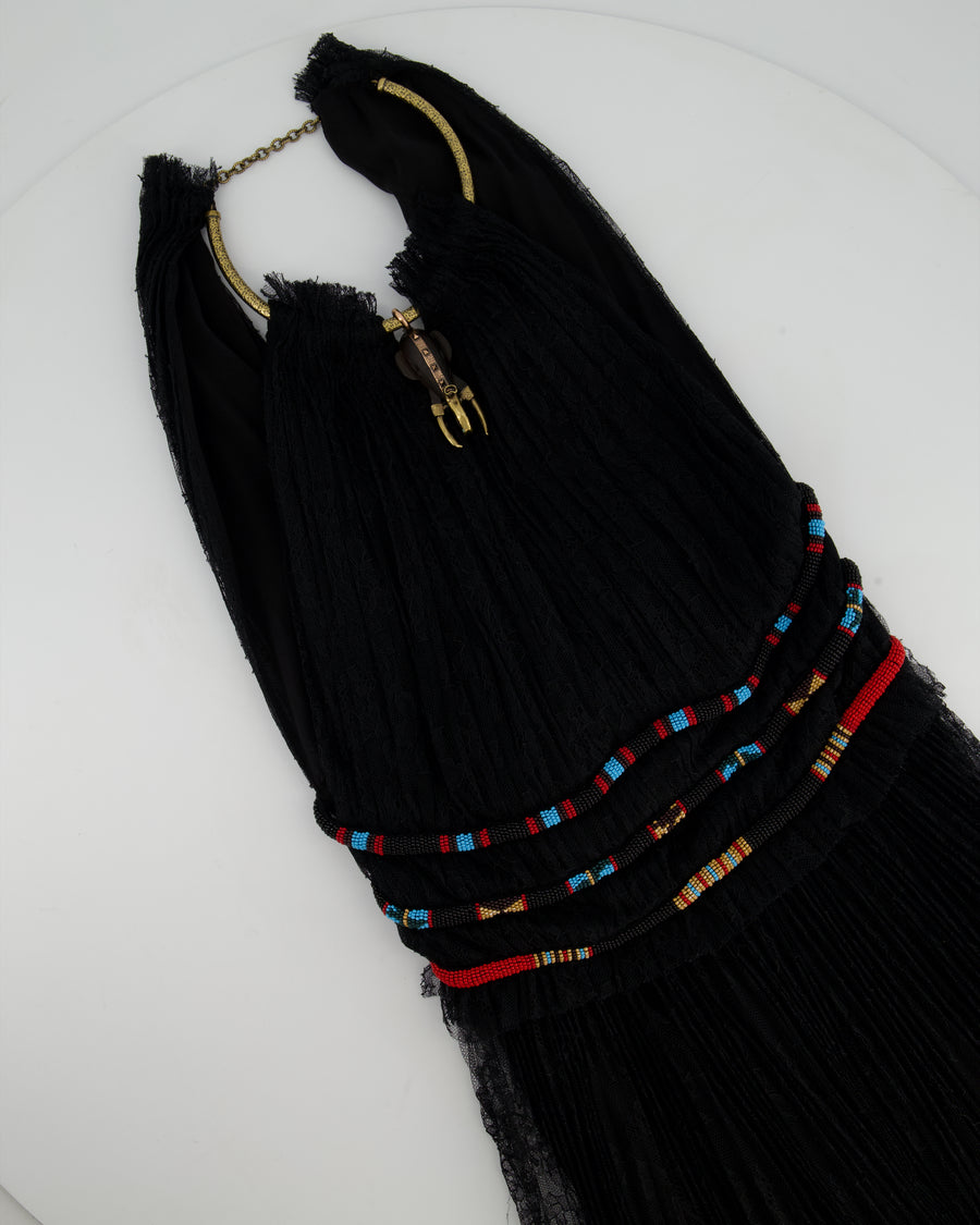 Valentino Black Lace Sleeveless Midi Dress with Gold Neck Detail and Red and Blue Beaded Waist Size IT 36 (UK 4)