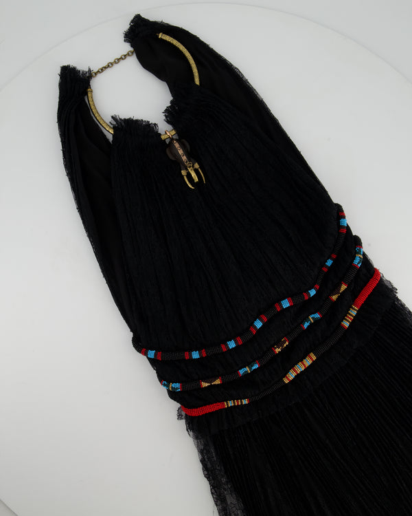 Valentino Black Lace Sleeveless Midi Dress with Gold Neck Detail and Red and Blue Beaded Waist Size IT 36 (UK 4)