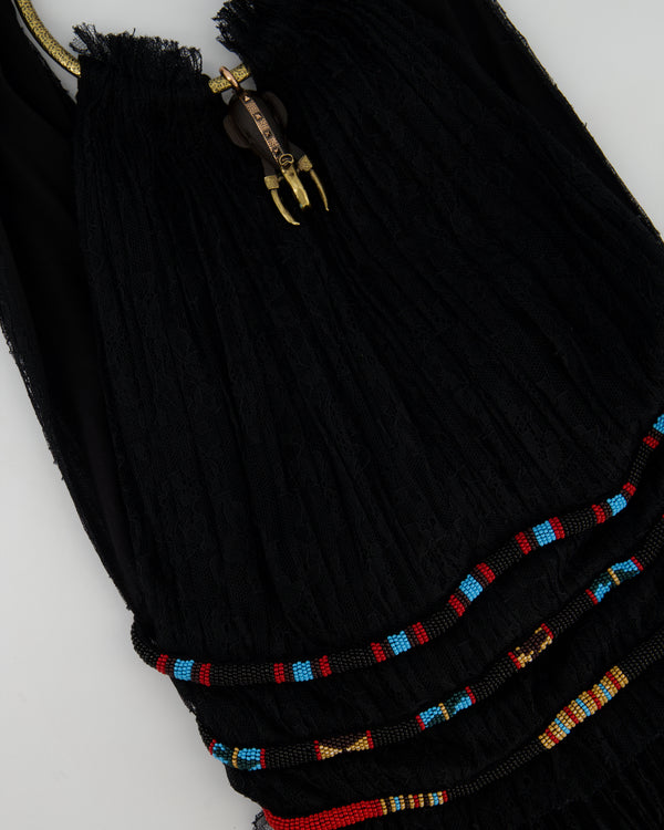 Valentino Black Lace Sleeveless Midi Dress with Gold Neck Detail and Red and Blue Beaded Waist Size IT 36 (UK 4)