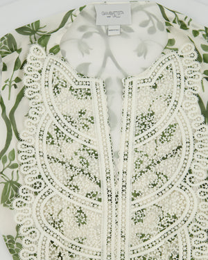 Giambattista Valli White and Green Sleeveless Floral Midi Dress with Lace Bodice and Cut Out at the Back Size IT 36 (UK 4)