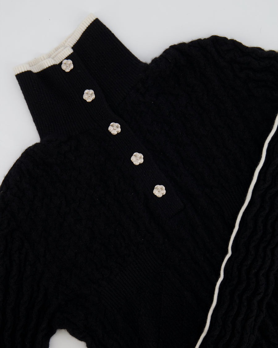 Chanel Black Cashmere Jumper with Silver Camelia Buttons and White Trim Details Size FR 34 (UK 6)