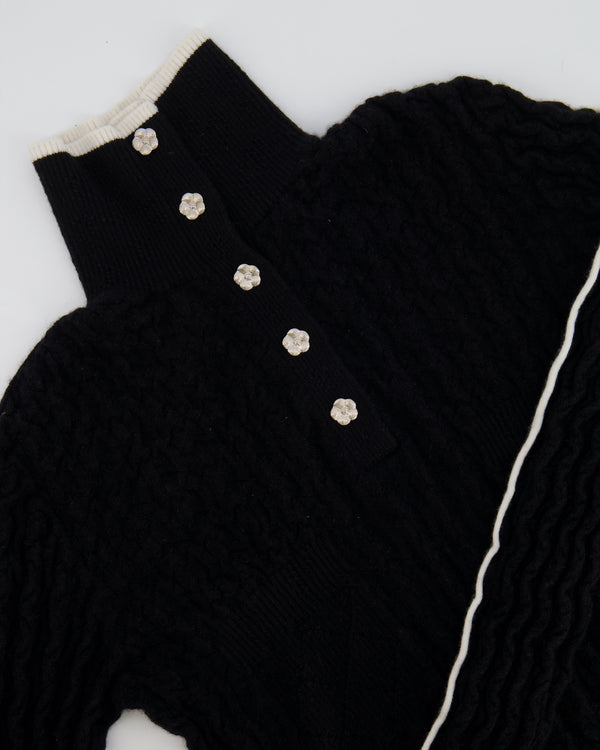 Chanel Black Cashmere Jumper with Silver Camelia Buttons and White Trim Details Size FR 34 (UK 6)