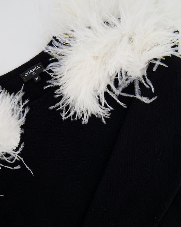 Chanel A/W 2023 Black Cashmere Jumper with White Ostrich Feathers Size FR 36 (UK 8)