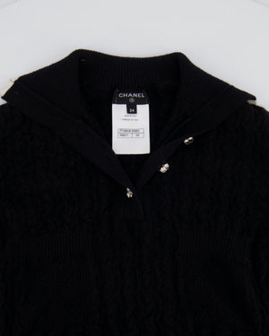 Chanel Black Cashmere Jumper with Silver Camelia Buttons and White Trim Details Size FR 34 (UK 6)