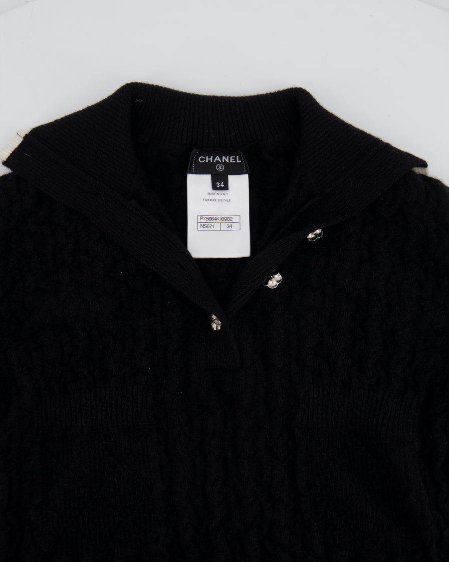 Chanel Black Cashmere Jumper with Silver Camelia Buttons and White Trim Details Size FR 34 (UK 6)