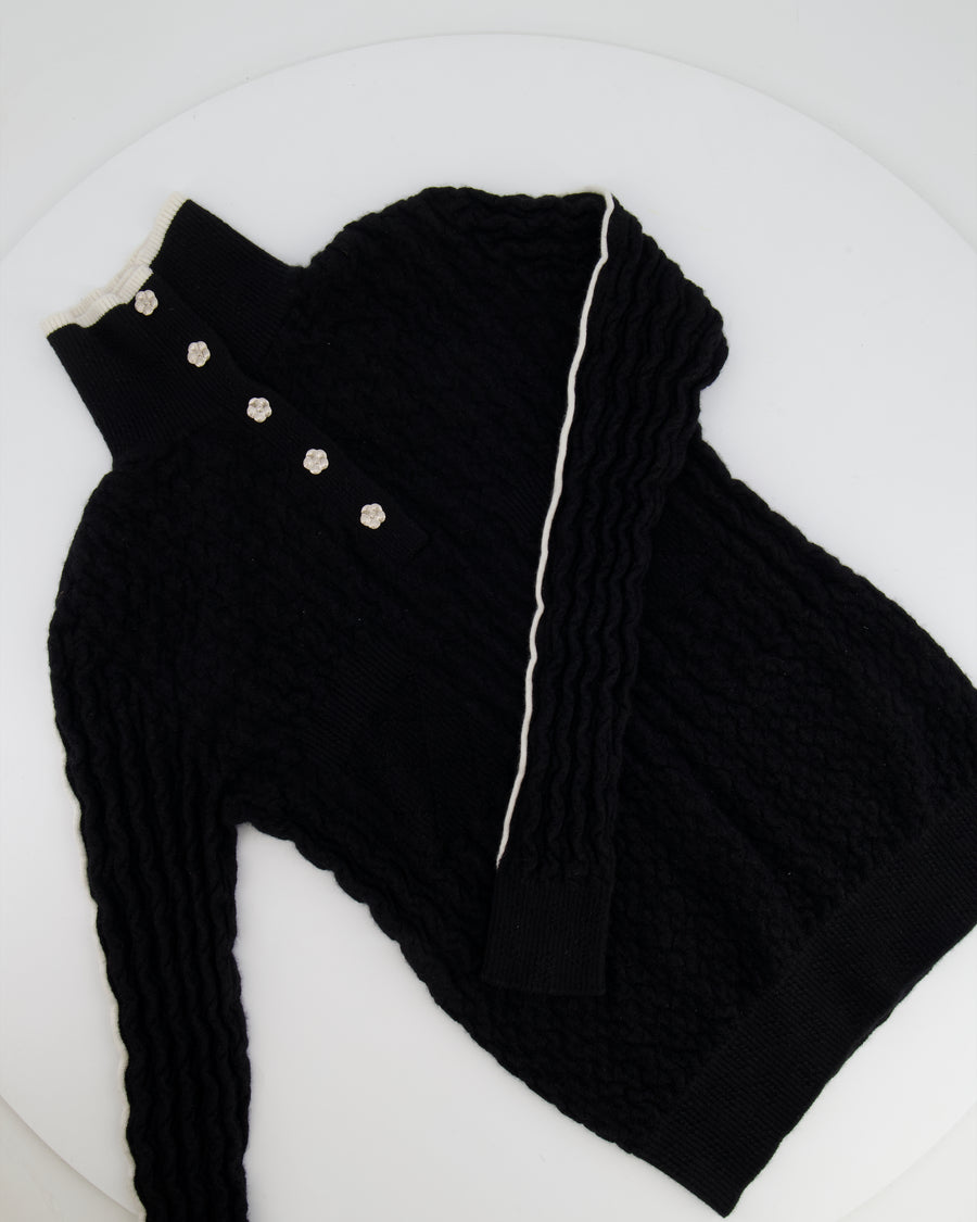 Chanel Black Cashmere Jumper with Silver Camelia Buttons and White Trim Details Size FR 34 (UK 6)