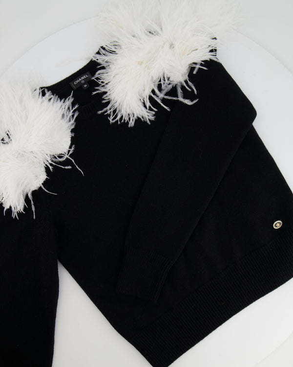 Chanel A/W 2023 Black Cashmere Jumper with White Ostrich Feathers Size FR 36 (UK 8)
