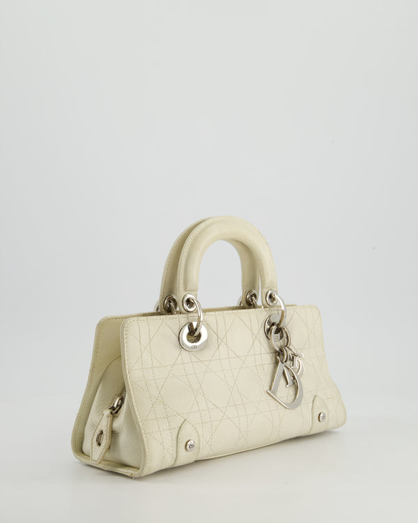 Christian Dior Ivory Vintage Small East West Lady Dior Bag in Calfskin Leather with Silver Hardware