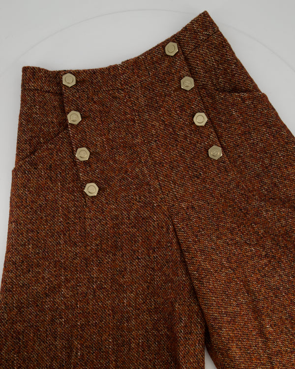 Chanel Burgundy Tweed Wide-Leg Culotte Trousers with Button Detail Size FR 40 (UK 12)