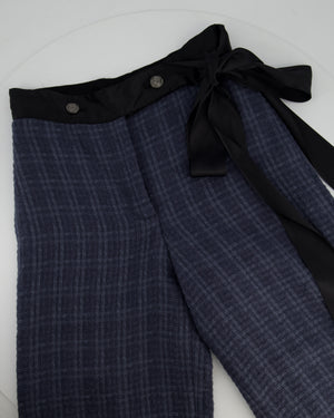 Chanel Grey Tweed Wide-Leg Trousers with Black Silk Tie Waist-Band and Button Detail Size FR 38 (UK 10)