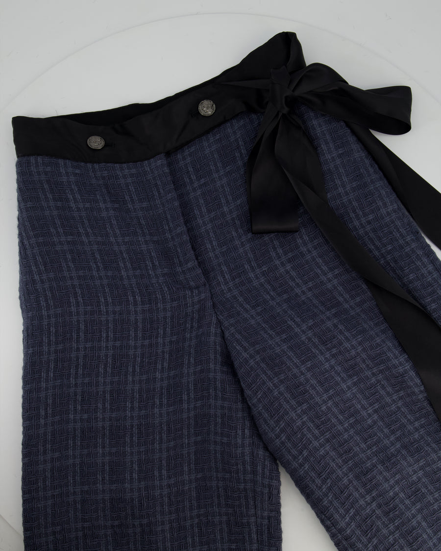 Chanel Grey Tweed Wide-Leg Trousers with Black Silk Tie Waist-Band and Button Detail Size FR 38 (UK 10)