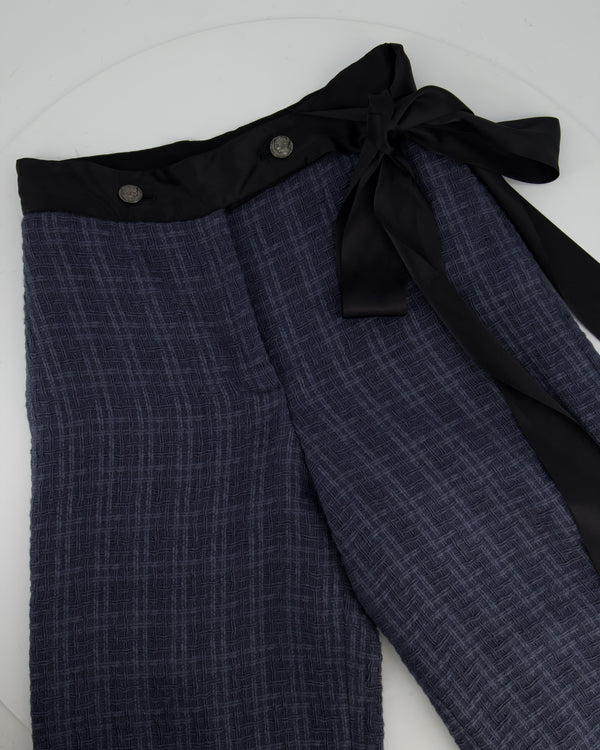 Chanel Grey Tweed Wide-Leg Trousers with Black Silk Tie Waist-Band and Button Detail Size FR 38 (UK 10)