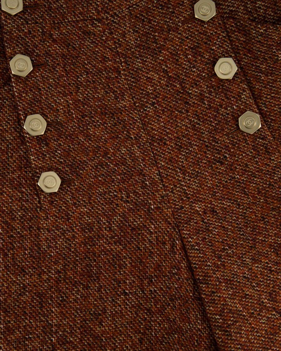 Chanel Burgundy Tweed Wide-Leg Culotte Trousers with Button Detail Size FR 40 (UK 12)