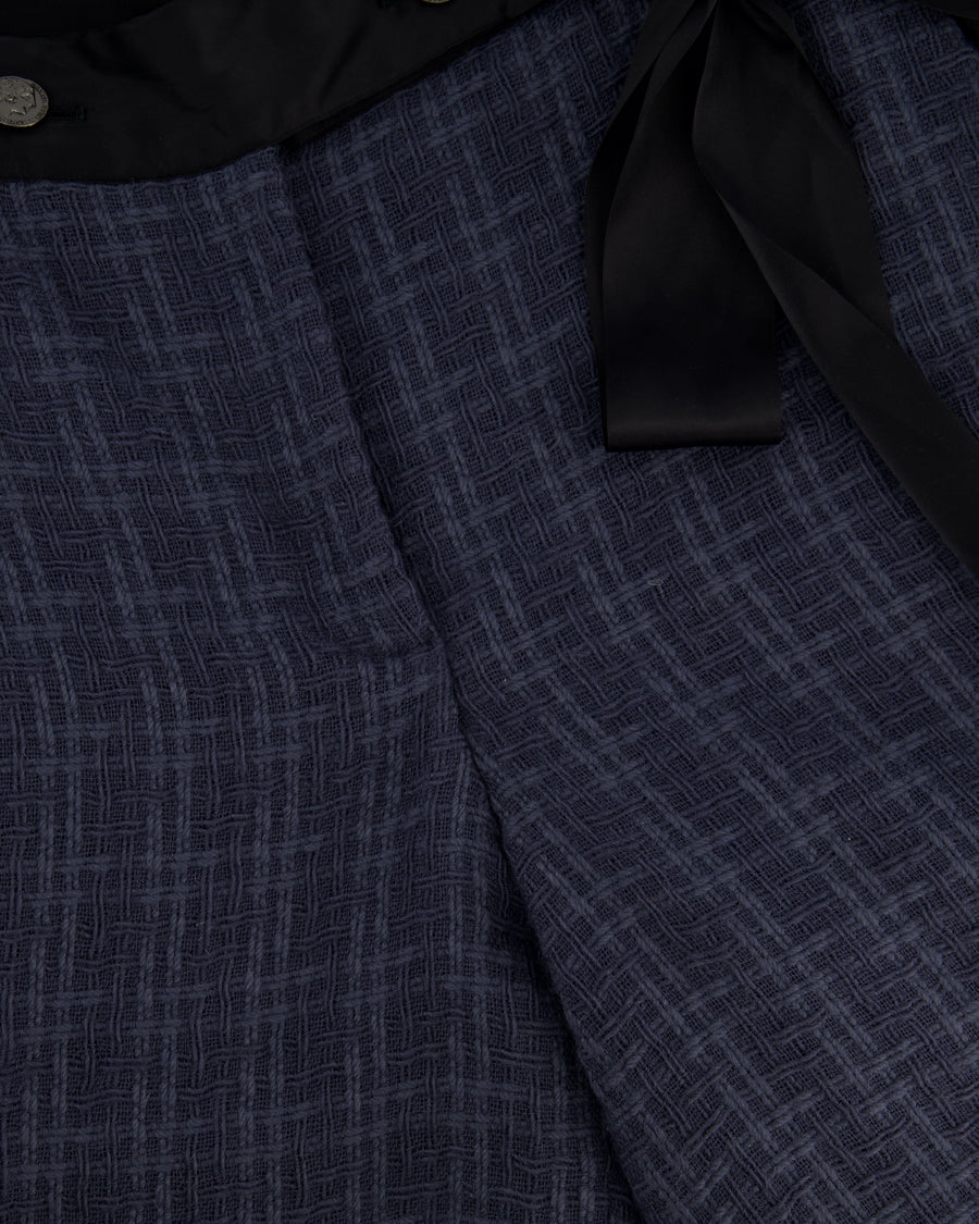 Chanel Grey Tweed Wide-Leg Trousers with Black Silk Tie Waist-Band and Button Detail Size FR 38 (UK 10)