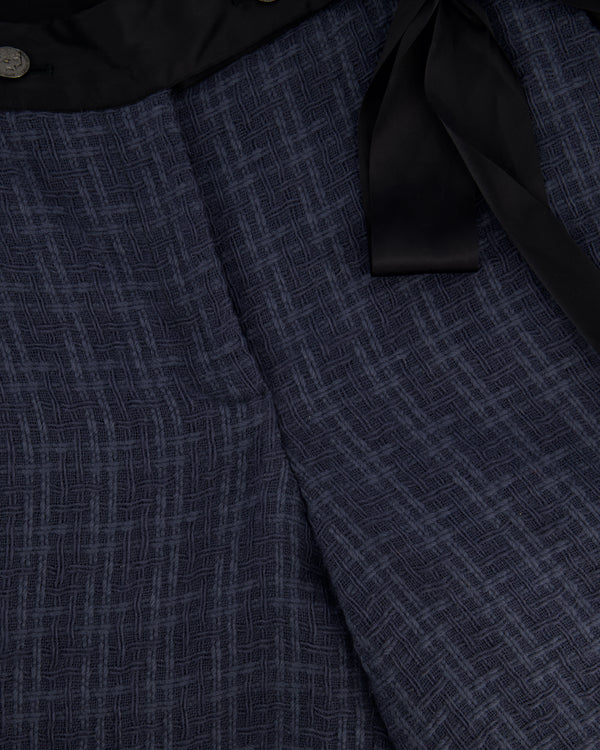 Chanel Grey Tweed Wide-Leg Trousers with Black Silk Tie Waist-Band and Button Detail Size FR 38 (UK 10)
