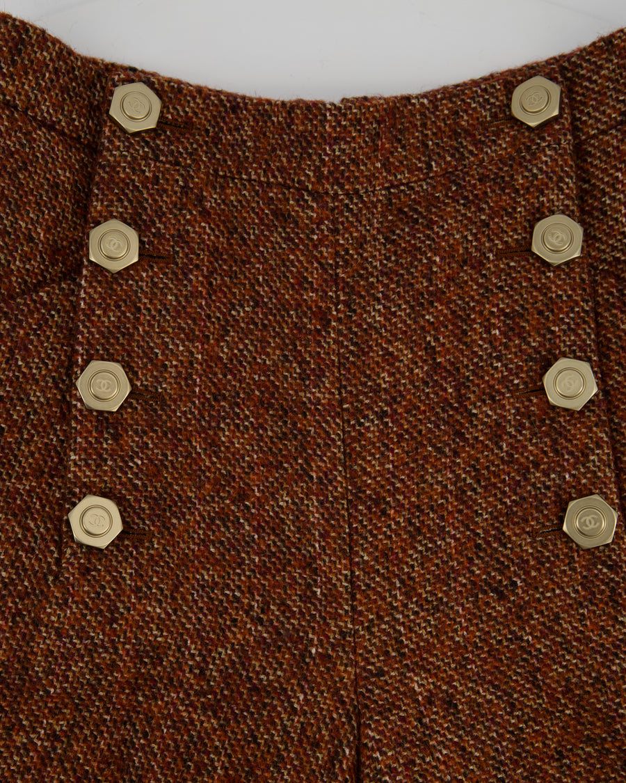 Chanel Burgundy Tweed Wide-Leg Culotte Trousers with Button Detail Size FR 40 (UK 12)