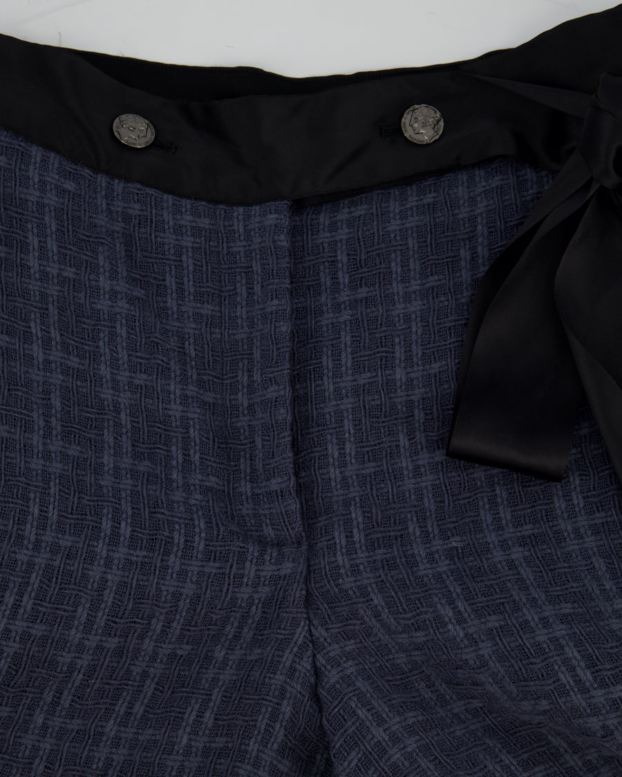 Chanel Grey Tweed Wide-Leg Trousers with Black Silk Tie Waist-Band and Button Detail Size FR 38 (UK 10)