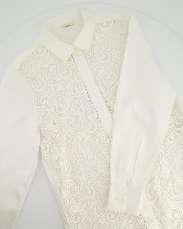 Celine White Cotton Poplin Long Sleeve Shirt with Macrame Front Detail Size FR 38 (UK 10)