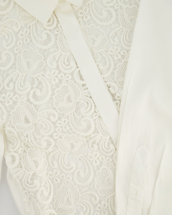 Celine White Cotton Poplin Long Sleeve Shirt with Macrame Front Detail Size FR 38 (UK 10)