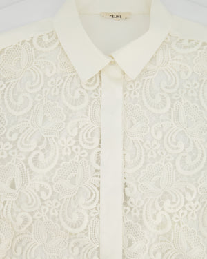 Celine White Cotton Poplin Long Sleeve Shirt with Macrame Front Detail Size FR 38 (UK 10)