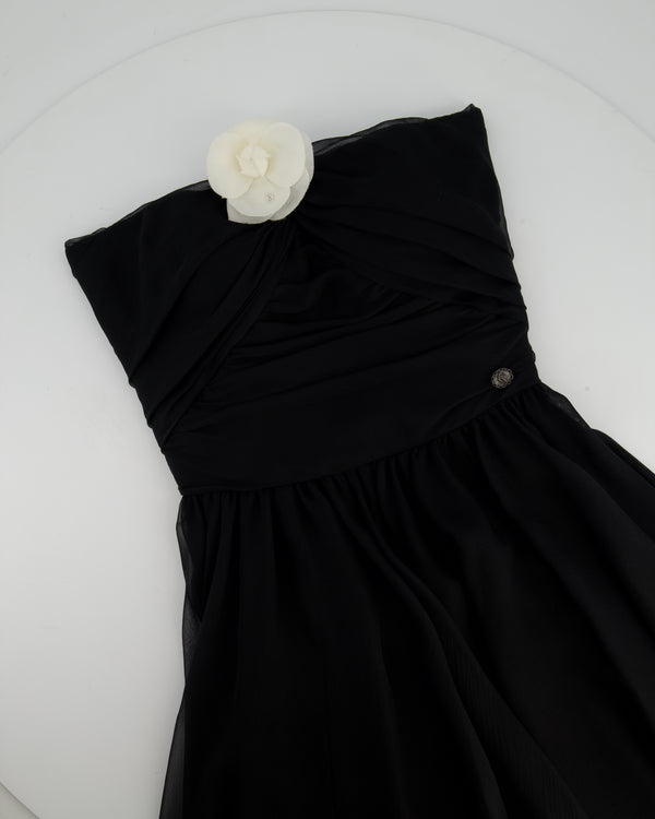 Chanel 20A Black Bandeau Silk Dress Draped Dress with White Camelia Bow Detail FR 34 (UK 6) RRP £7360