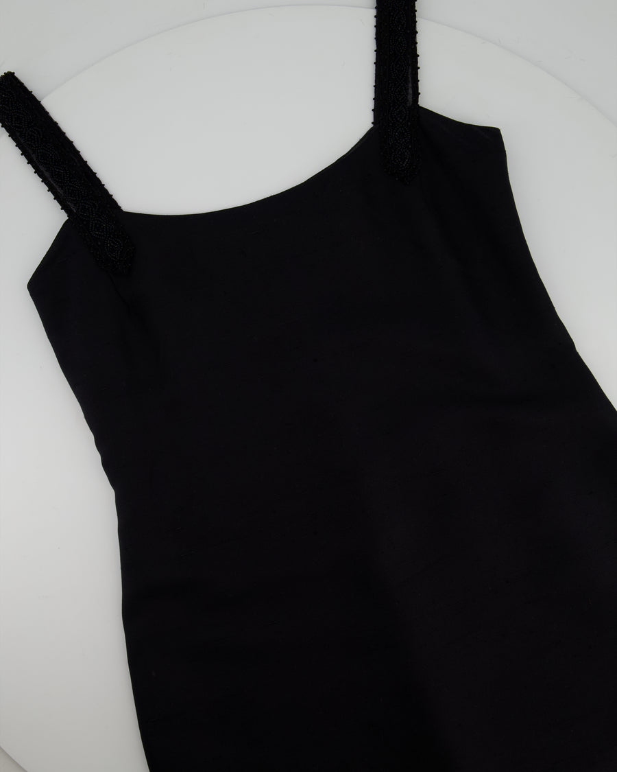Valentino Boutique Black Sleeveless Midi Dress with Beaded Strap Details and Ruffles Size IT 40 (UK 8)
