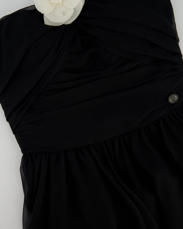 Chanel 20A Black Bandeau Silk Dress Draped Dress with White Camelia Bow Detail FR 34 (UK 6) RRP £7360
