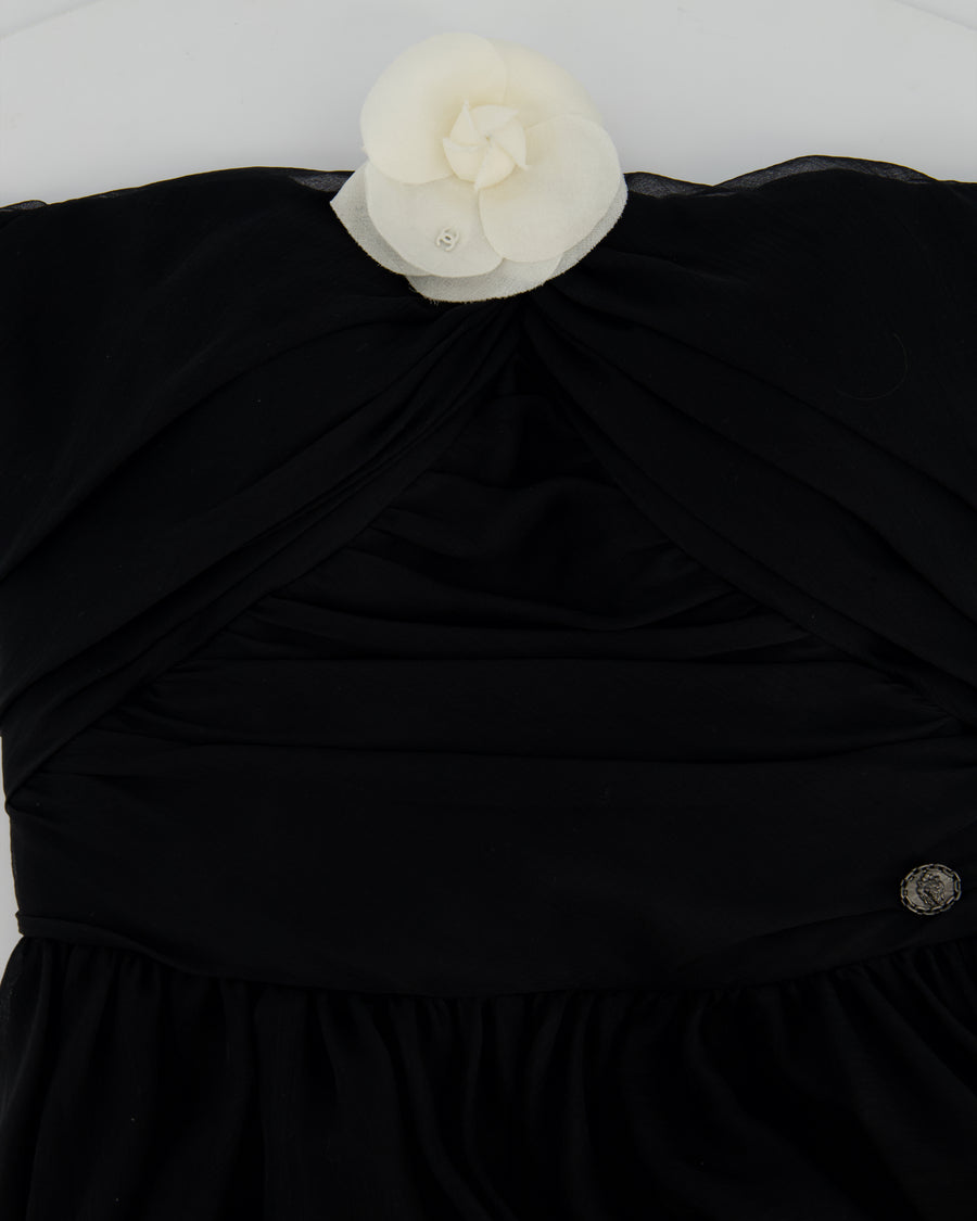 Chanel 20A Black Bandeau Silk Dress Draped Dress with White Camelia Bow Detail FR 34 (UK 6) RRP £7360