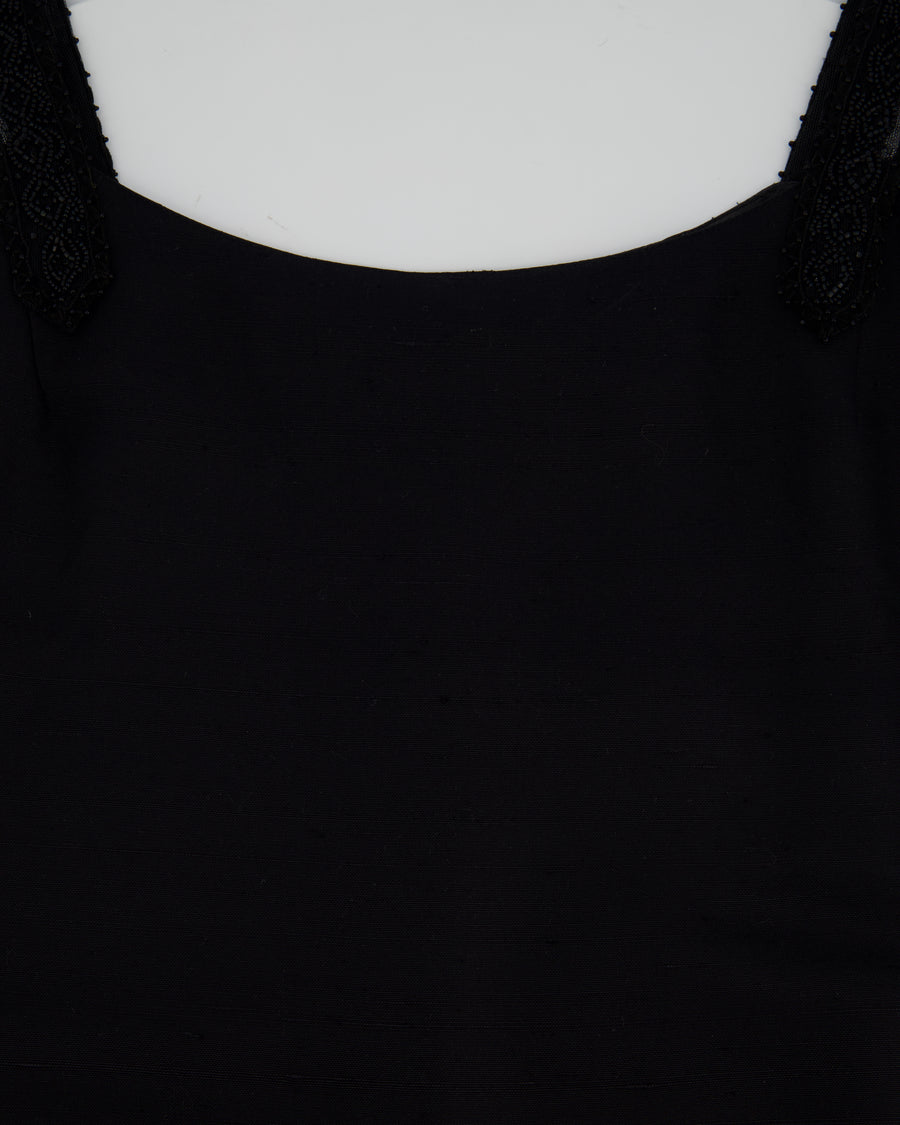 Valentino Boutique Black Sleeveless Midi Dress with Beaded Strap Details and Ruffles Size IT 40 (UK 8)