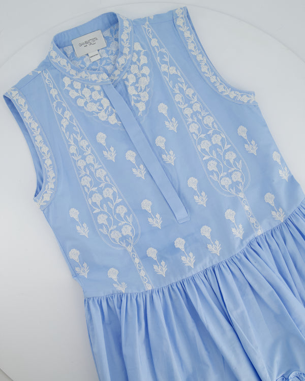 Giambattista Valli Light Blue and White Floral Embroidered Tiered Midi Dress with White Button Details Size IT 38 (UK 6)