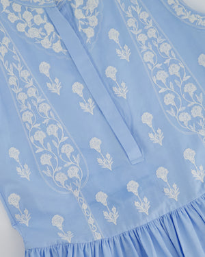 Giambattista Valli Light Blue and White Floral Embroidered Tiered Midi Dress with White Button Details Size IT 38 (UK 6)