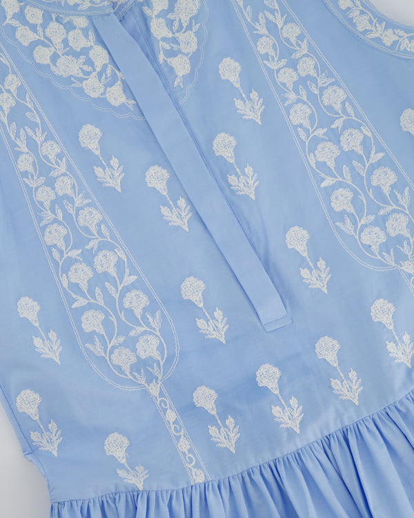 Giambattista Valli Light Blue and White Floral Embroidered Tiered Midi Dress with White Button Details Size IT 38 (UK 6)