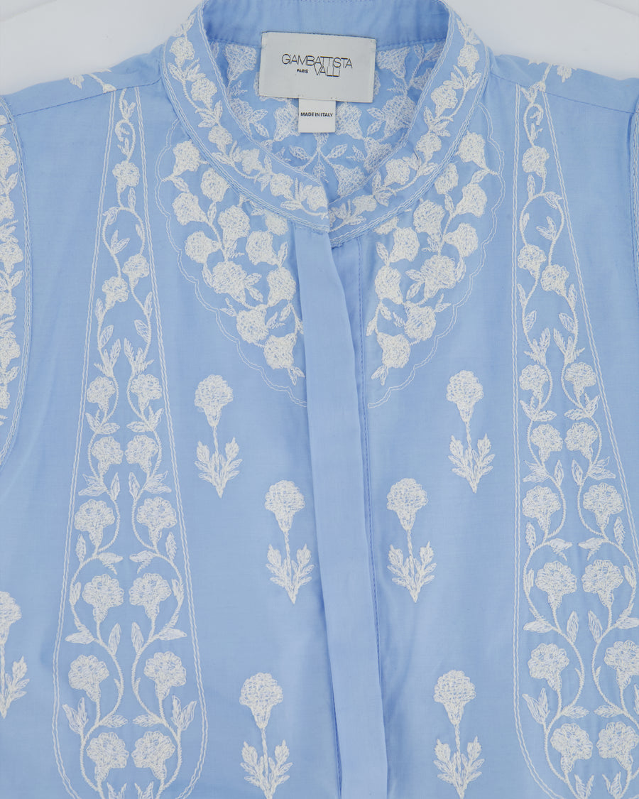 Giambattista Valli Light Blue and White Floral Embroidered Tiered Midi Dress with White Button Details Size IT 38 (UK 6)
