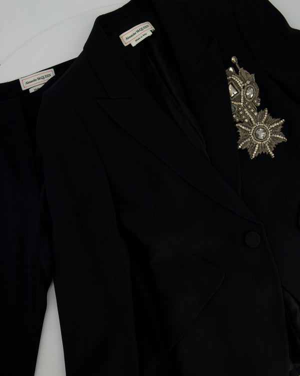 Alexander McQueen Black Tailored Blazer Jacket and Matching Trousers Set with Metallic Embroidery Detail Size IT 36 (UK 4)