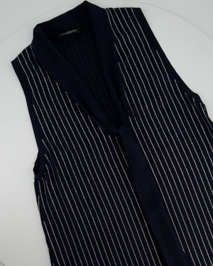 Balmain Navy Sleeveless Shirt Blouse With Crystal Pinstripes and Tie-Up Bow Detail Size 38 (UK 10)