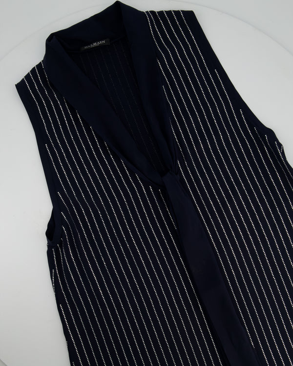 Balmain Navy Sleeveless Shirt Blouse With Crystal Pinstripes and Tie-Up Bow Detail Size 38 (UK 10)