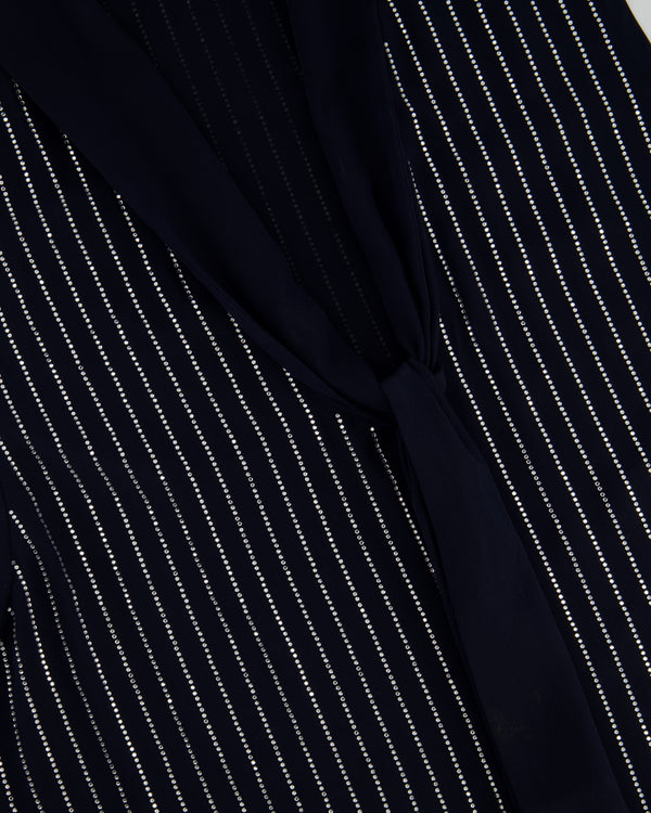 Balmain Navy Sleeveless Shirt Blouse With Crystal Pinstripes and Tie-Up Bow Detail Size 38 (UK 10)
