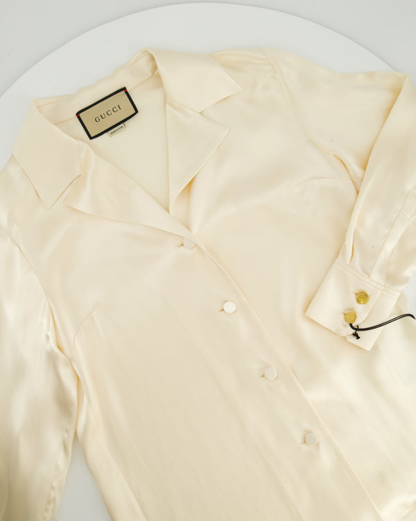 Gucci Cream Silk Long Sleeve Shirt GG Gold Buttons Detail Size IT 38 (UK 6) RRP £890
