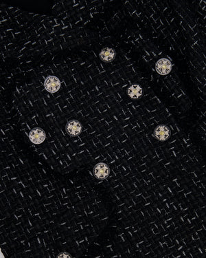 Chanel Paris Versailles Black Tweed All-Over Logo Ribbon Jacket with Silver Embellished Buttons Size FR 42 (UK 14)
