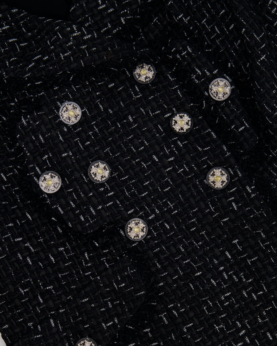 Chanel Paris Versailles Black Tweed All-Over Logo Ribbon Jacket with Silver Embellished Buttons Size FR 42 (UK 14)