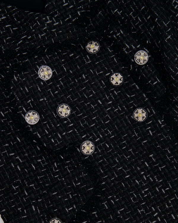 Chanel Paris Versailles Black Tweed All-Over Logo Ribbon Jacket with Silver Embellished Buttons Size FR 42 (UK 14)