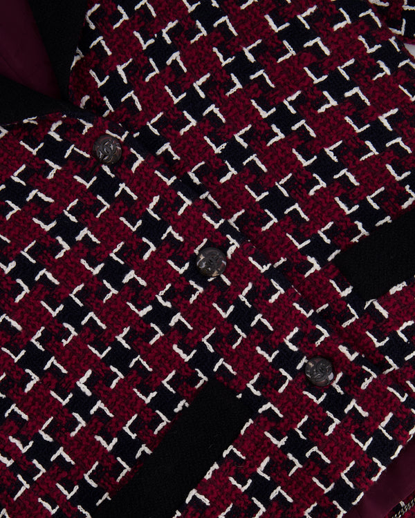 Chanel Fall 2015 Burgundy and Black Tweed Jacket with Black CC Logo Buttons Size FR 40 (UK 12)