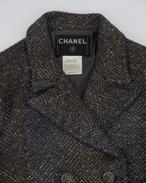 Chanel Fall 2007 Grey Metallic Tweed Double-Breasted Jacket with CC Logo Star Buttons Size FR 36 (UK 8)