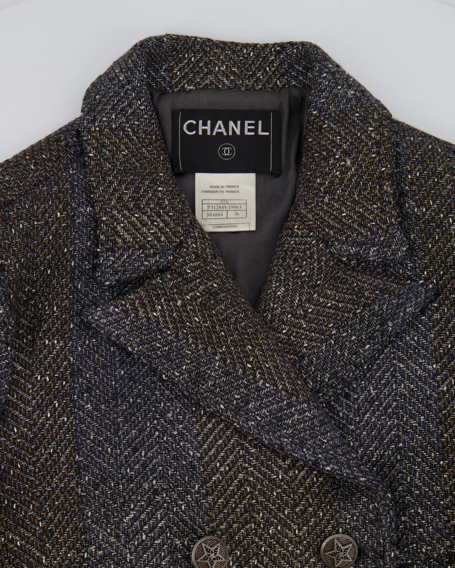Chanel Fall 2007 Grey Metallic Tweed Double-Breasted Jacket with CC Logo Star Buttons Size FR 36 (UK 8)