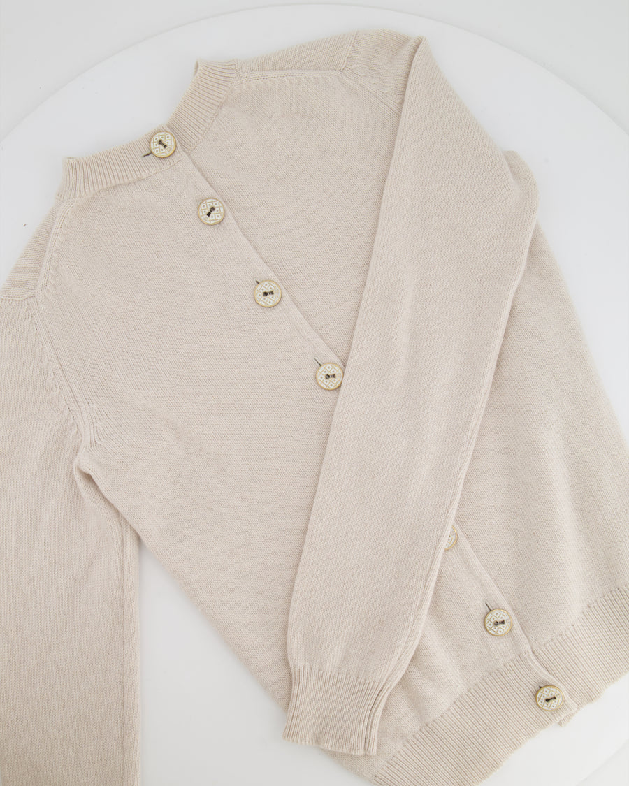 Chanel Beige Cashmere Cardigan with Gold and White Keyhole CC Buttons Size FR 36 (UK 8)