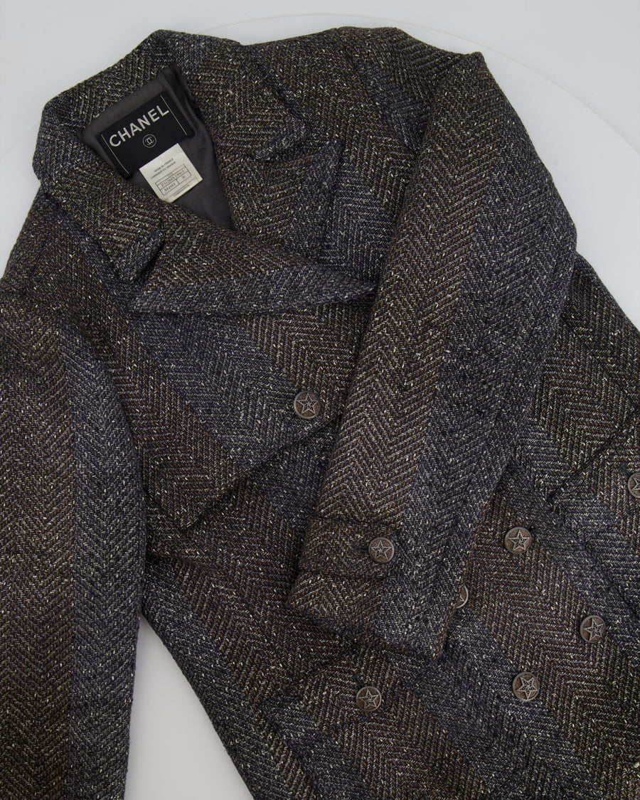 Chanel Fall 2007 Grey Metallic Tweed Double-Breasted Jacket with CC Logo Star Buttons Size FR 36 (UK 8)