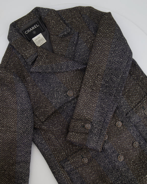 Chanel Fall 2007 Grey Metallic Tweed Double-Breasted Jacket with CC Logo Star Buttons Size FR 36 (UK 8)