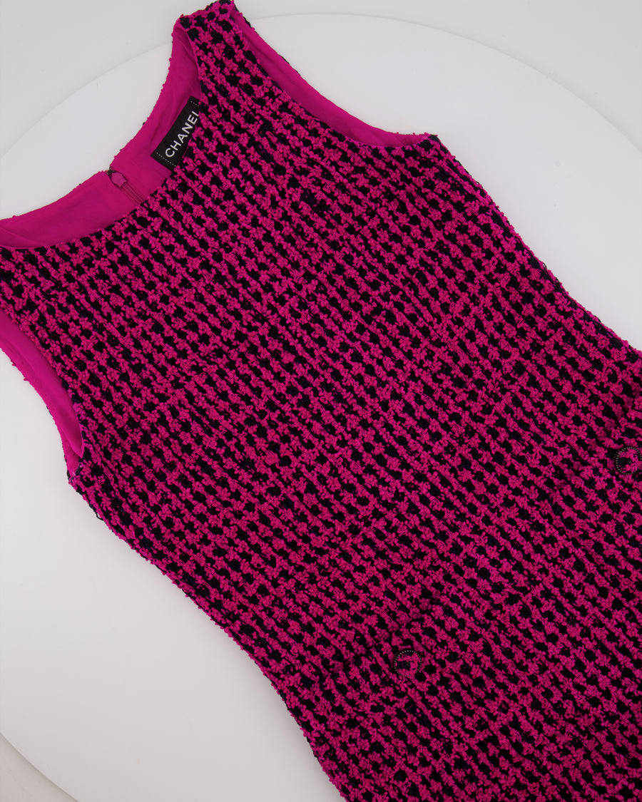 Chanel Fall 2016 Pink and Black Tweed Sleeveless Midi Dress with CC Logo Tweed Buttons Size FR 38 (UK 10)