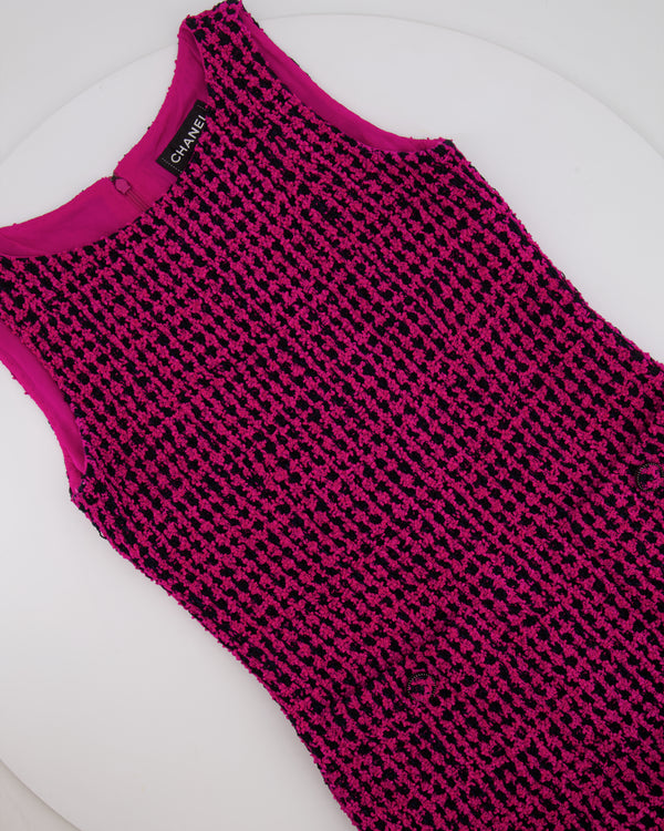 Chanel Fall 2016 Pink and Black Tweed Sleeveless Midi Dress with CC Logo Tweed Buttons Size FR 38 (UK 10)