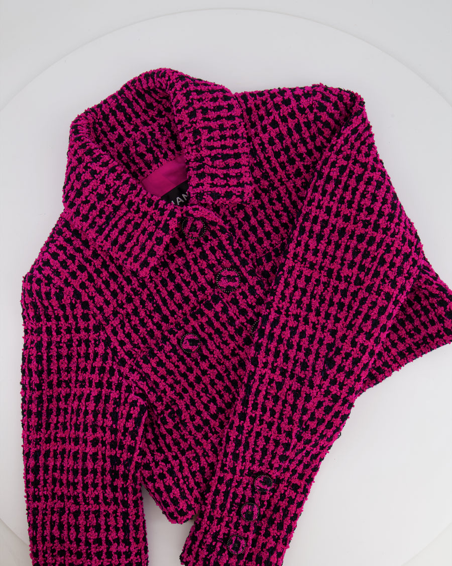 Chanel Fall 2016 Pink and Black Tweed Cropped Jacket with CC Logo Tweed Buttons Size FR 38 (UK 10)